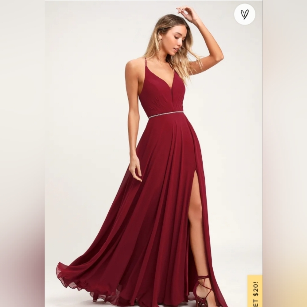 Lulu's Wine Red Lace-Up Rhinestone Maxi Dress